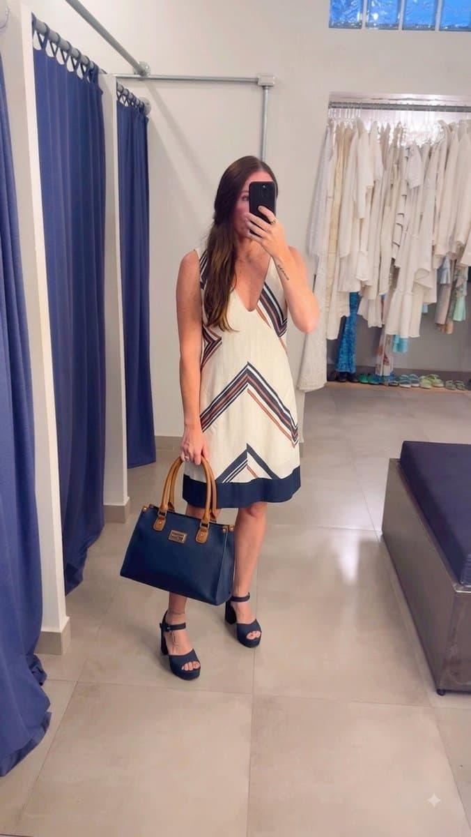Vestido Linho Off Estampa Marinho/Rosa FYI, FYI, Branco, tamanho 42 — foto 3
