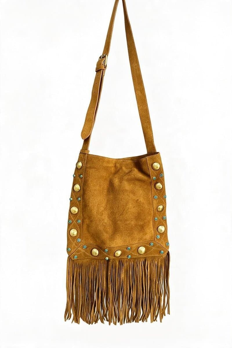 Bolsa Couro Camurça Franjas Caramelo Detalhes Turquesa Luiza Barcelos, Luiza Barcelos, Caramelo, tamanho UN