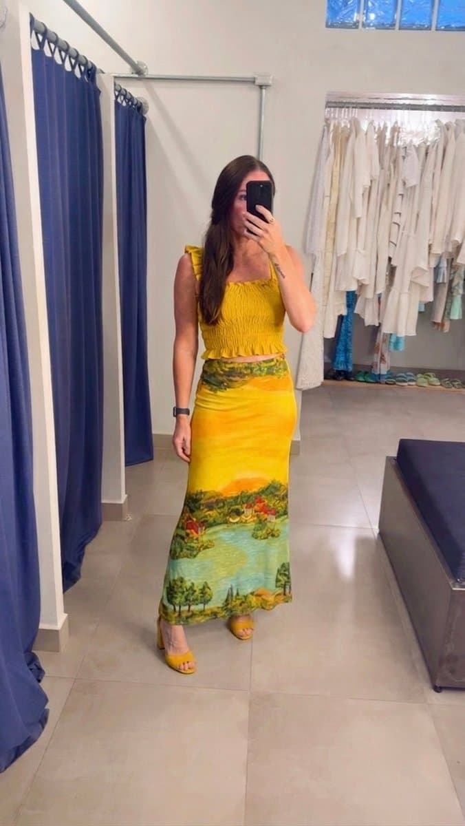 Saia/Vestido Estampa Casinha Amarela Farm, Farm, Amarelo, tamanho M — foto 3