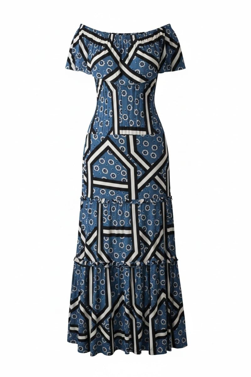 Vestido Longo Malha Estampa Flor Azul Bobstore, Bobstore, Azul, tamanho M