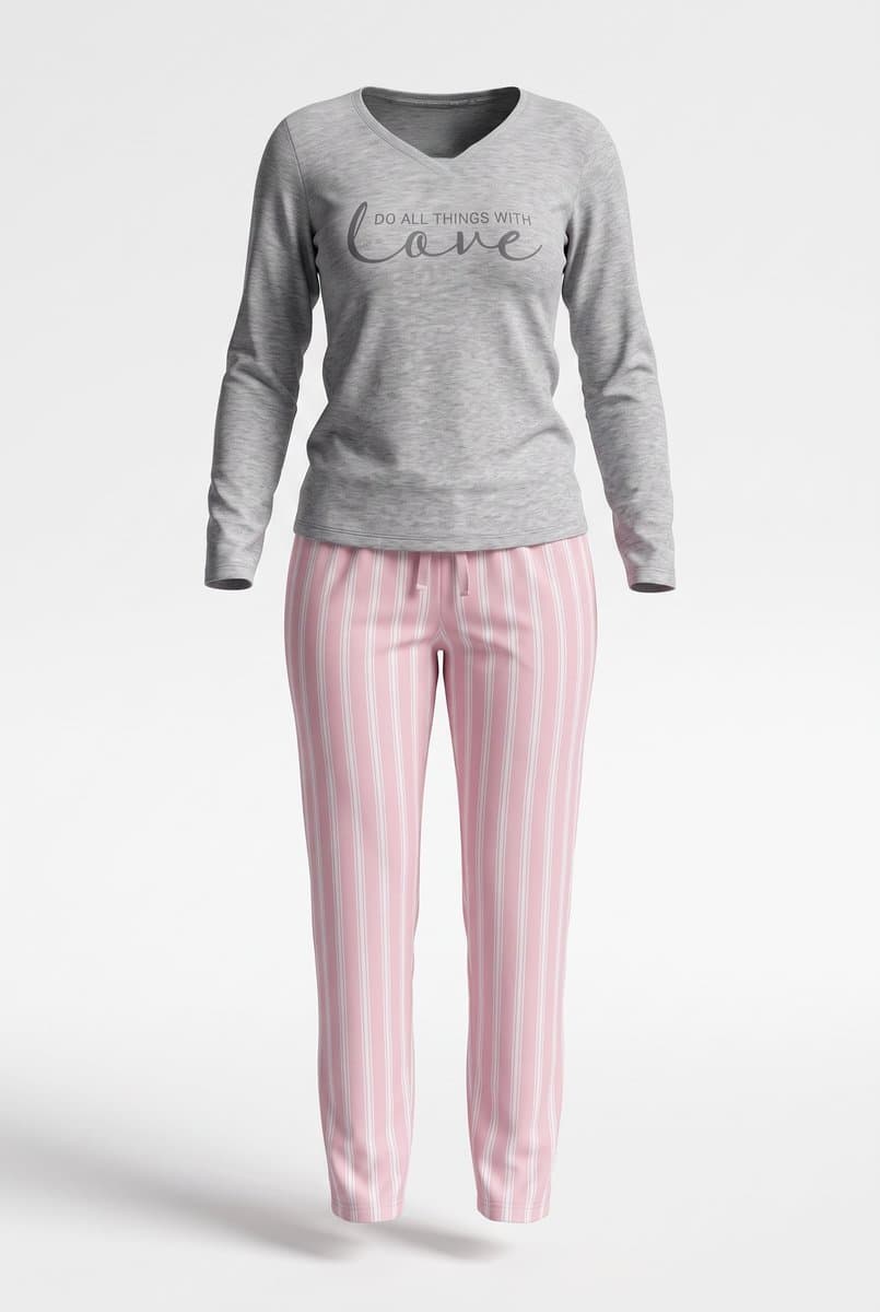 Pijama ML Love Cinza/Rosa Listra G, Cinza, tamanho G